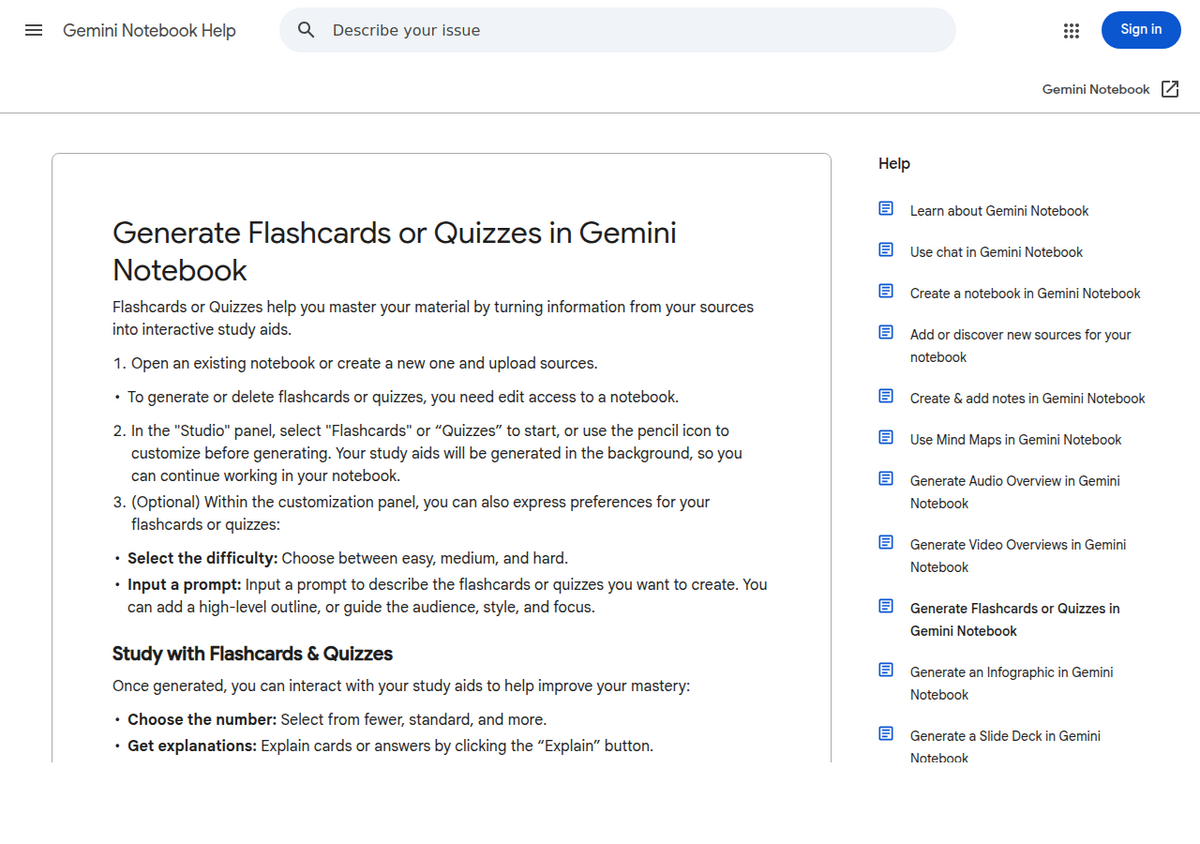 Google's help page "Generate Flashcards or Quizzes in Gemini Notebook", listing the Studio panel steps and a difficulty setting.
