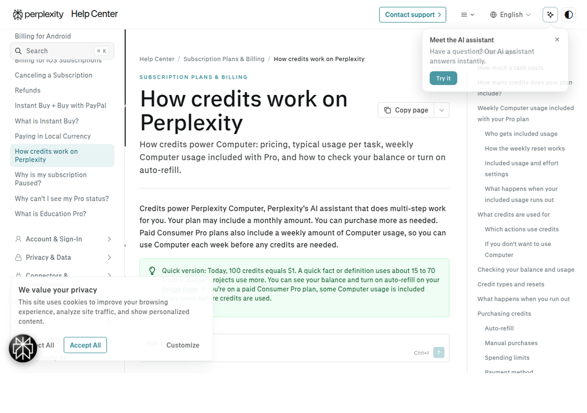 Página do Help Center da Perplexity 'How credits work on Perplexity', explicando que créditos alimentam o Perplexity Computer e que 100 créditos equivalem a US$ 1, com o uso do Computer não incluído no plano gratuito.