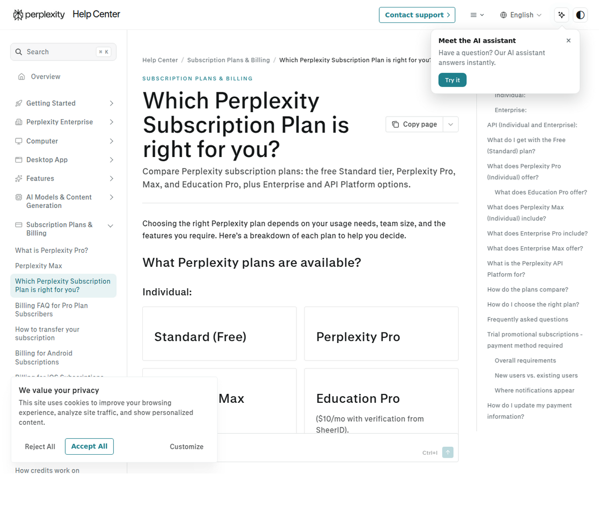 Página do Help Center da Perplexity intitulada 'Which Perplexity Subscription Plan is right for you?', mostrando os cartões dos planos Standard (Free), Perplexity Pro, Max e Education Pro.
