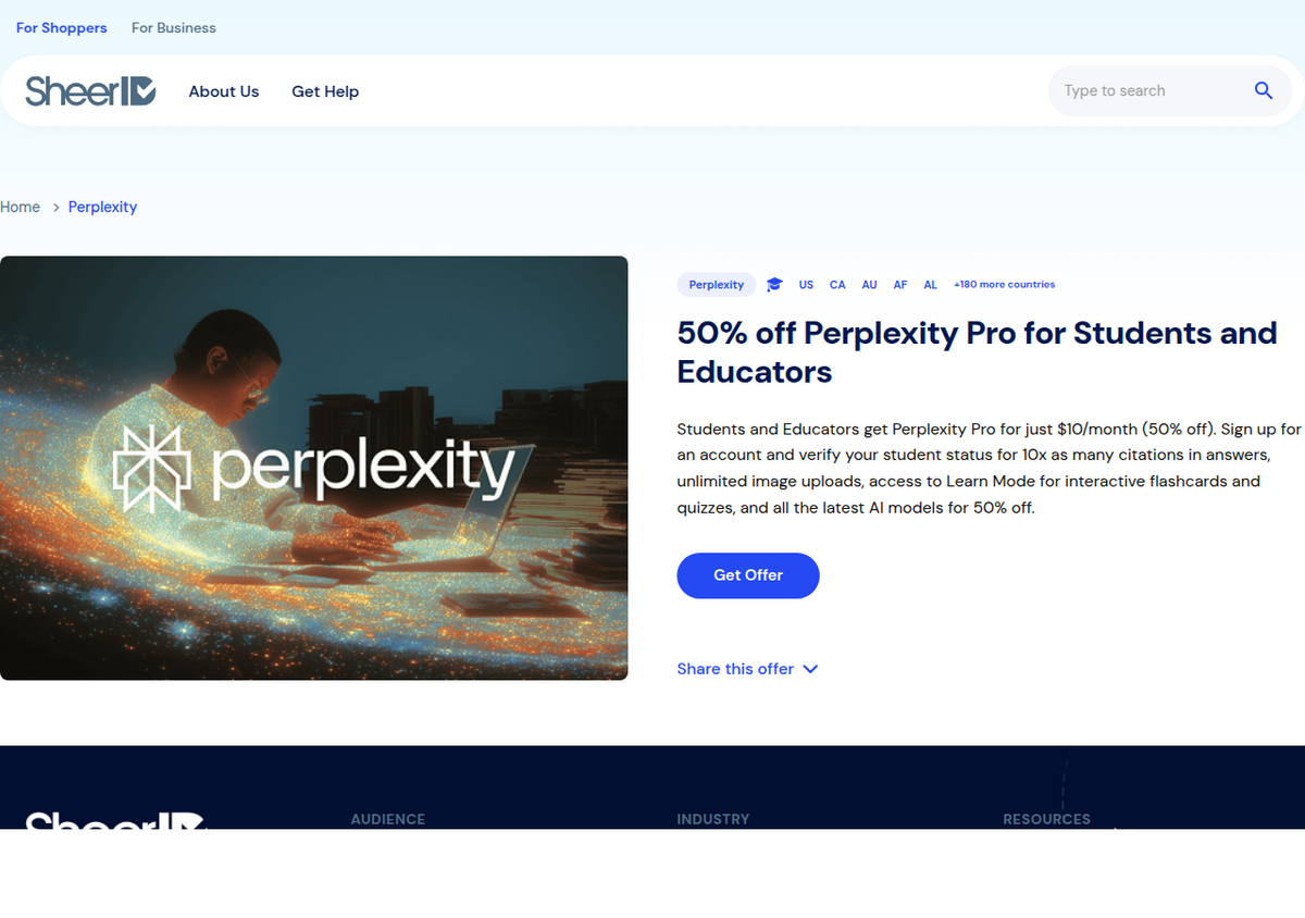 SheerIDに掲載されているPerplexityの学生・教育者向け割引の公式オファーページ。Perplexity Proが月額10ドルで50%オフになることを示している