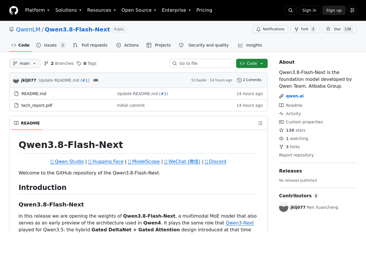 Qwen3.8-Flash-Next की GitHub रिपॉज़िटरी README, जो इसे Qwen4 में इस्तेमाल होने वाले आर्किटेक्चर के एक शुरुआती प्रीव्यू के तौर पर बताती है